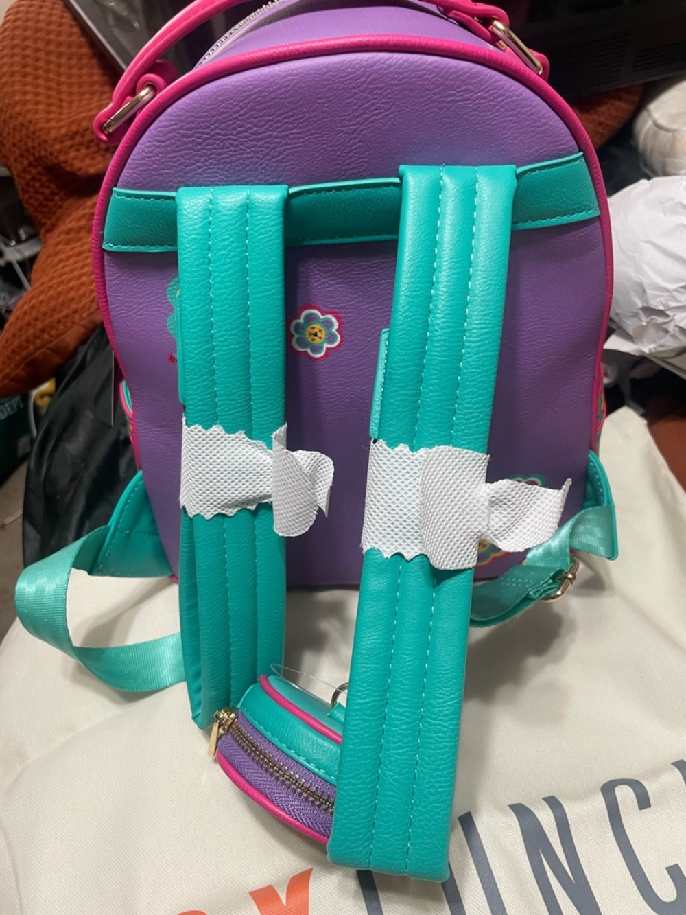 Loungefly Pink and Purple Puppy Mini Backpack with Floral Appliqués - Picture 4 of 5